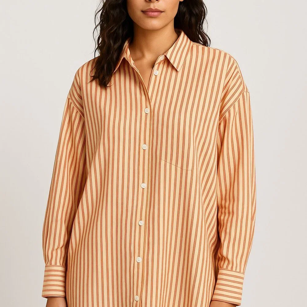 Topshop Oversized Coral Stripe Button Front Long Sleeve Shirt Blouse US4